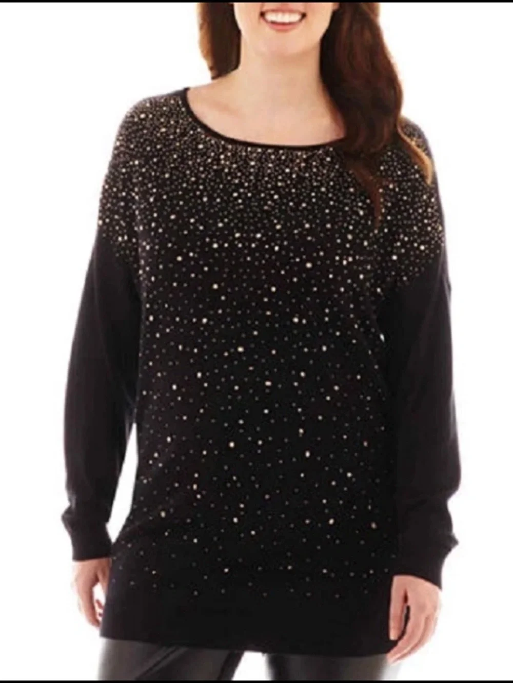 Worthington Black Boatneck Tunic Sweater with Rose Gold Metallic Studs- Size PS